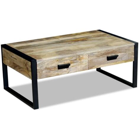 Table basse  Table de salon  Table de café avec 2 tiroirs Bois de manguier massif 100x60x40 cm