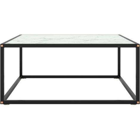 Table basse  Table de salon  Table de café Noir avec verre marbre blanc 80x80x35 cm