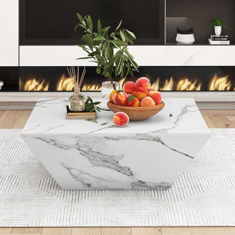 Table Basse Trapèze Haute Brillance - avec 2 Tiroirs Table de Salon Motif Marbre Blanc - 70 x 70 x 37 cm