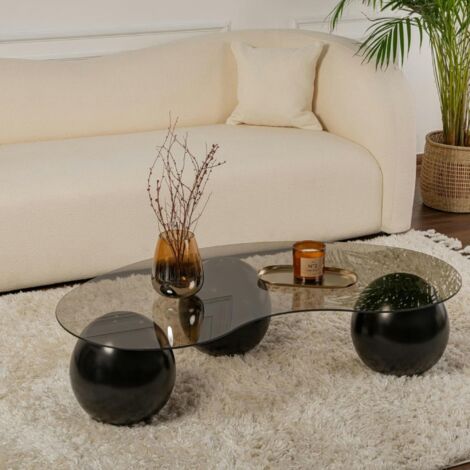 Table basse verre ambré design - 3 pieds boules noirs KOCHI