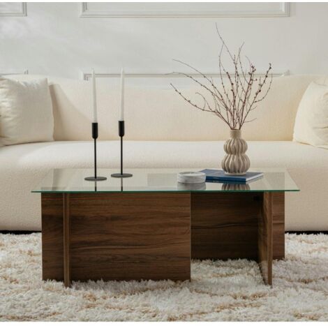 Table basse verre déstructurée – effet bois noyer, H.40 cm SALTA