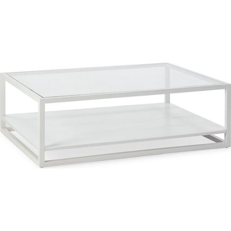 Table basse verre et bois de cèdre blanc design contemporain - Blanc laqué et verre transparent