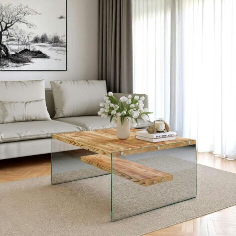 Table basse verre et bois - plateaux clairs suspendus LHASA