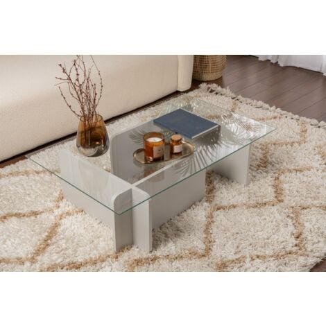 Table Basse Verre Fixe Gigogne Rectangulaire Bois en Gris 105x65x30 cm Pour Salon ou Bureau