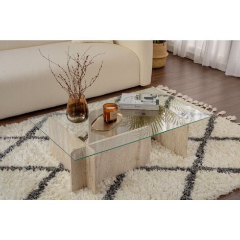 Table Basse Verre Fixe Gigogne Rectangulaire Bois en Travertin 105x65x30 cm Pour Salon ou Bureau