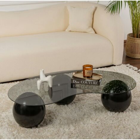 Table basse verre fumé design - 3 pieds boules noirs KOCHI