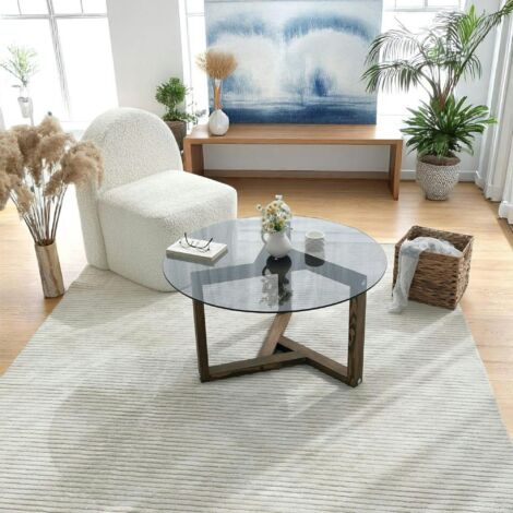 Table basse verre fumé - pied 3 branches, bois foncé ANZIO