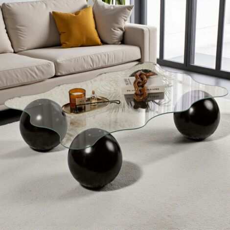 Table basse verre profil ondulé - 4 pieds boules noirs KOCHI