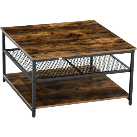 Table basse Vintage carrée style industriel - 2 étagères - métal noir panneaux particules aspect bois vieilli - Marron