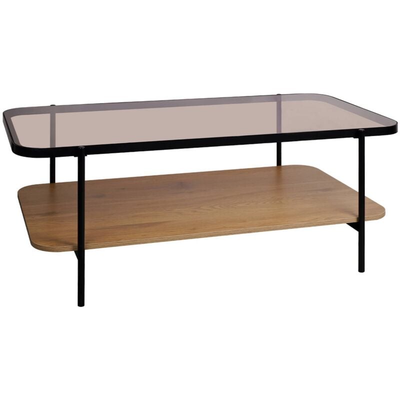 Table basse vintage en métal noir avec 2 plateaux (verre et décor bois). bords arrondis