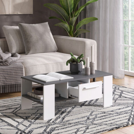 Table basse Wilmut, Anthracite/blanc, 89.8x46.4cm avec tiroir, Vicco