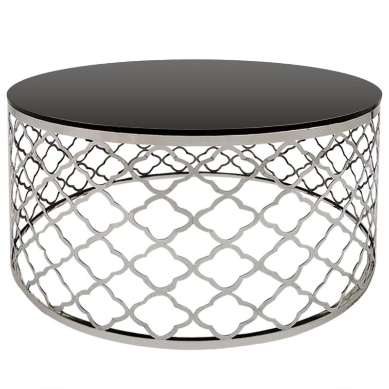 Table basse ronde Zaida en Verre Noir et pieds Argent