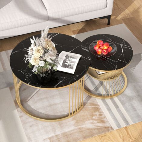 Table basse,Table basse salon,Tables basses gigogne rondes,Table de Salon pour canapé,Ensemble de 2 tables basses,Noir marbré+Doré