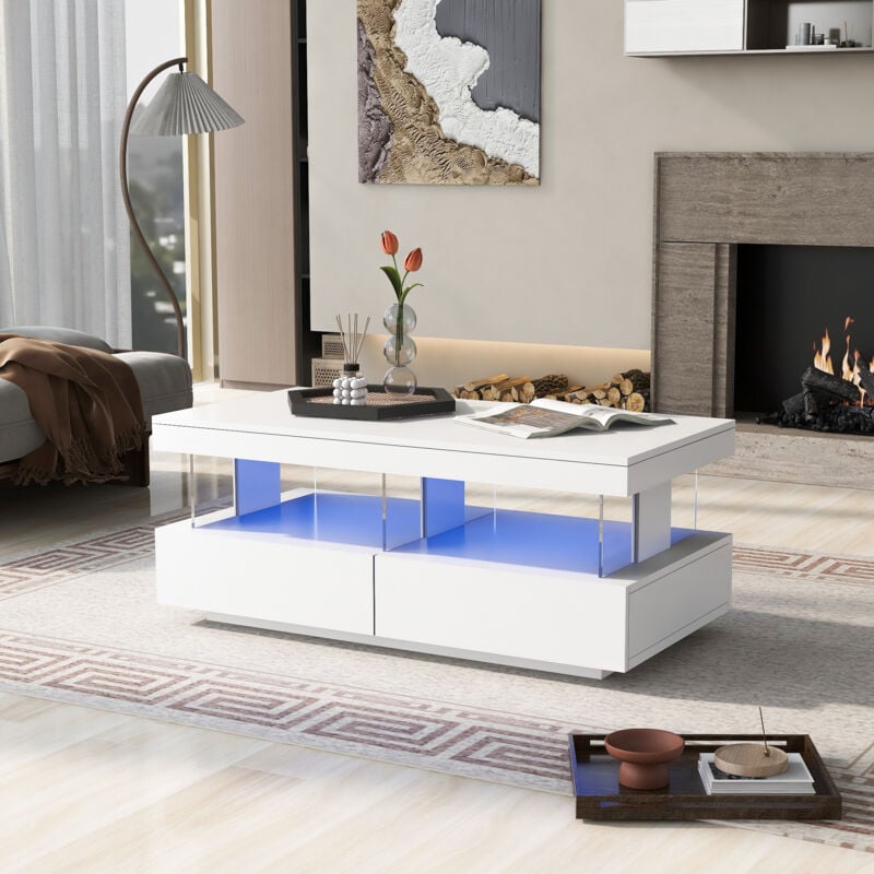 Okwish - Table basse carrée blanche brillante, table de salon avec éclairage led et tiroirs, 100x60x49.5 cm