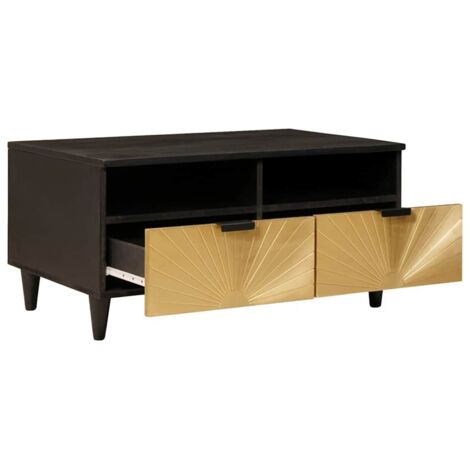 Table basse，Table d'appoint，Table de Salon Noir et or 80 x 54 x 40 cm bois de manguier massif CFW36101