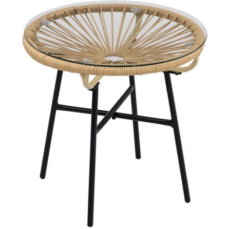 Table Bistrot Ronde 50x50x50cm - Style Rotin Noir & Beige - Pour Jardin, Terrasse, Balcon - Table d'Appoint Déco Extérieur