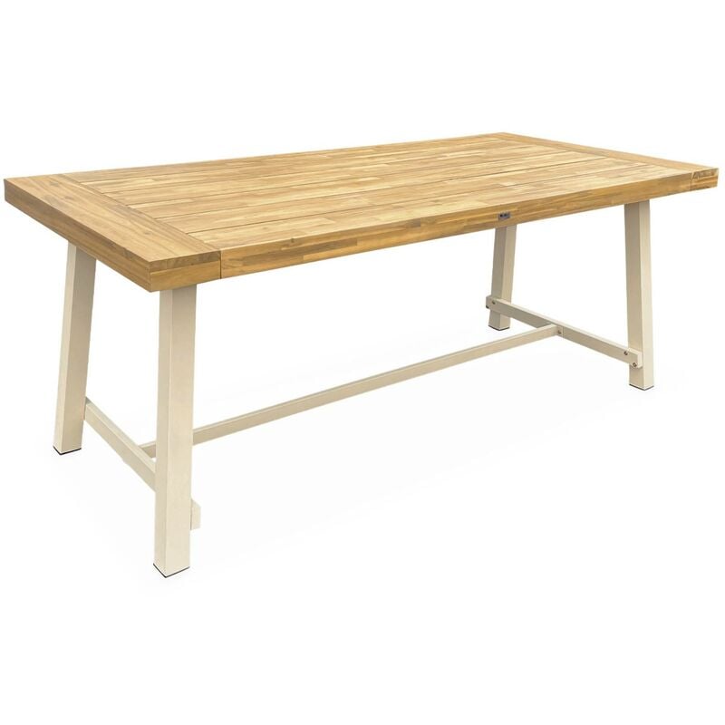 Table intérieur/extérieur en bois clair. effet teck et acier galvanisé ivoire. Fortaleza L190 x P91.5 x H76cm 6-8 places