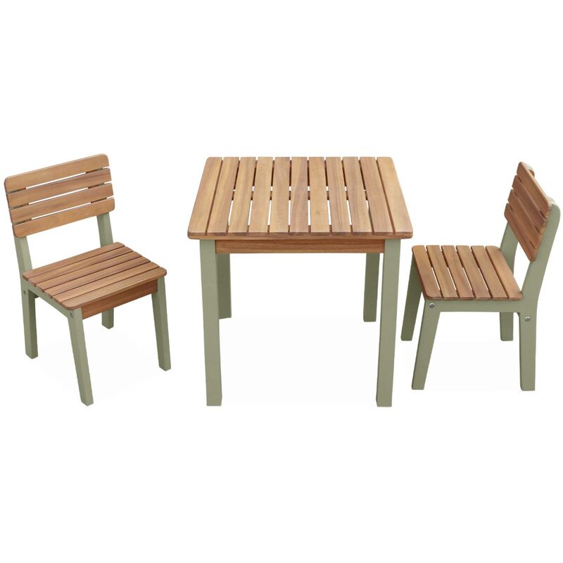 Salon de jardin enfant. table en bois d'acacia. vert d'eau. intérieur et extérieur avec 2 chaises