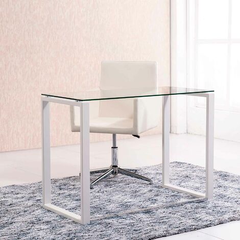 main image of "Table bureau en verre / métal avec pieds blanc - Longueur 100 x profondeur 50 cm -PEGANE-"