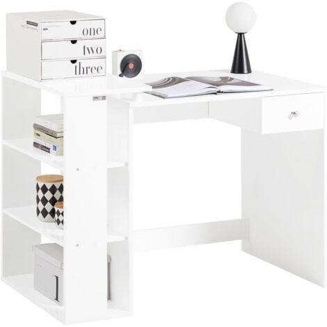 Table Bureau Informatique Plan de Travail avec 3 étagères et 1 tiroir - Blanc FWT35-W SoBuy®