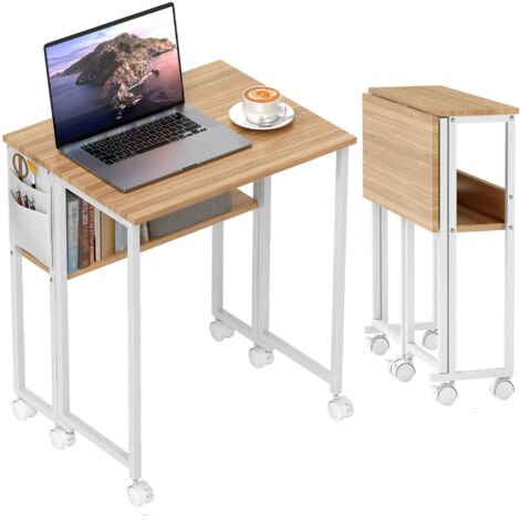 Table bureau pliable multifonction avec rangement ouvert, transformable en table d’appoint, naturel