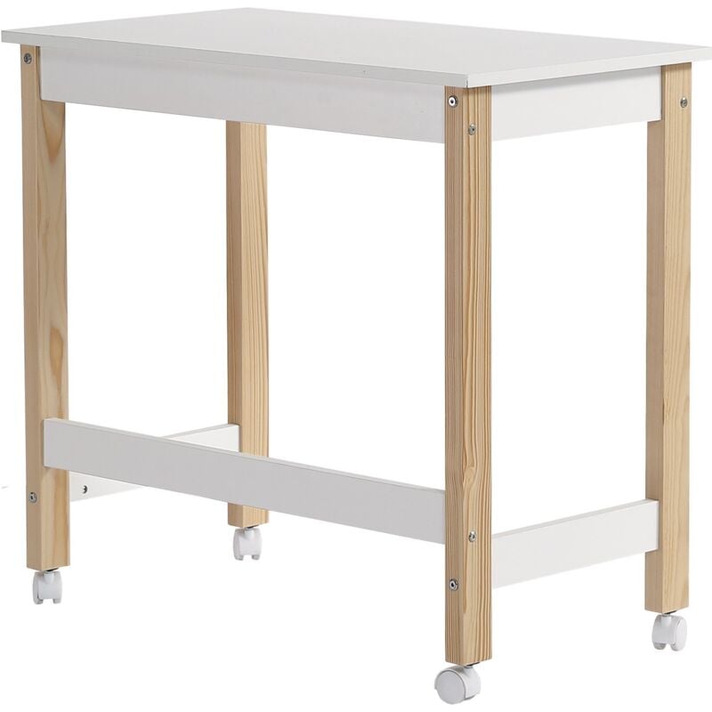 Lunsy - Table, bureau, table de travail, avec roues directionnelles, pin+MDF, blanc+naturel,80x43.5x74.5cm