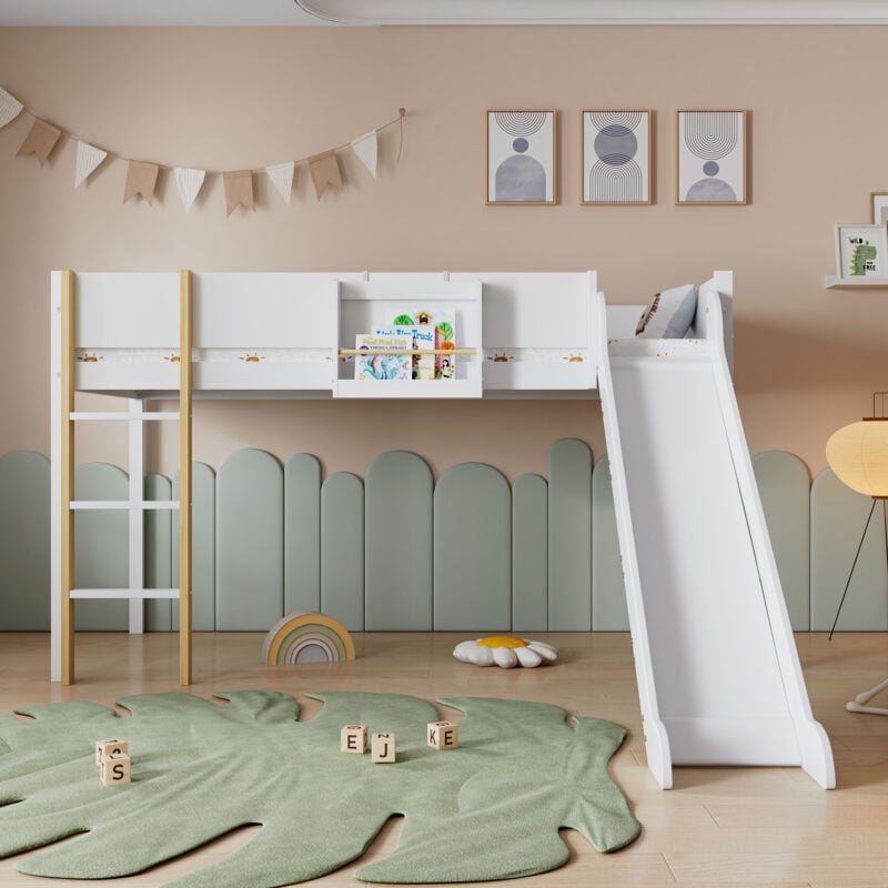 Lit mezzanine lit enfant blanc 90x200cm avec échelle droite à trois marches, tobogganet étagère amovible, pin+MDF