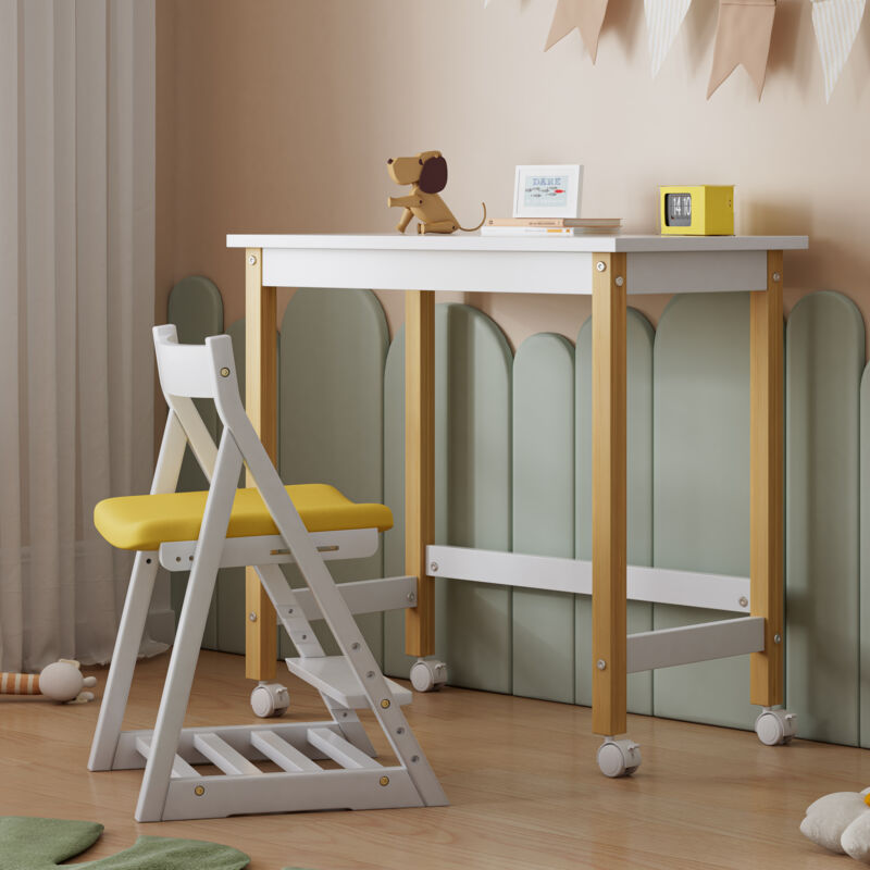 Table, bureau, table de travail, avec roulettes directionnelles, pin+MDF, blanc+naturel