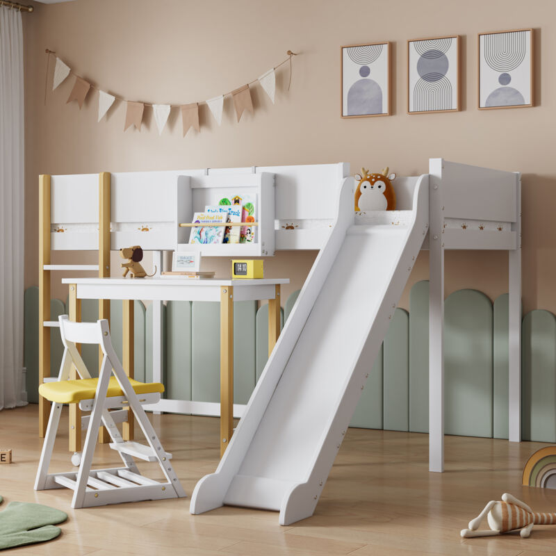 Lit mezzanine, lit superposé avec échelle droite à trois marches, lit enfant, lit jeunesse avec toboggan et table, avec étagère amovible, pin+MDF,