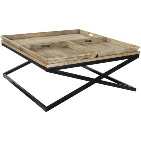 Table Café Bois Métal 120X120X55 Plateau Naturel