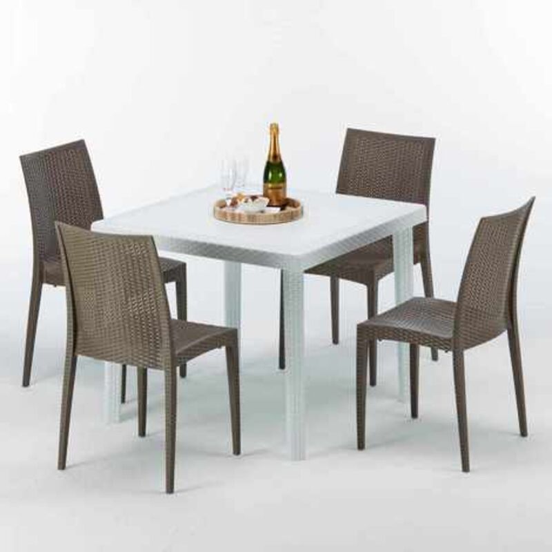 Table Carrée Blanche 90x90cm Avec 4 Chaises Colorées Grand Soleil Set Extérieur Bar Café Bistrot Love - Marron
