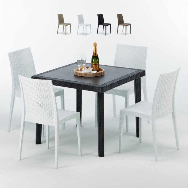 Table Carrée Noire 90x90cm Avec 4 Chaises Colorées Grand Soleil Set Extérieur Bar Café Bistrot Passion - Blanc