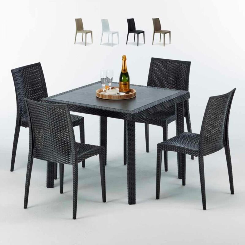 Grand Soleil – Ensemble table carrée noire 90x90 cm avec 4 chaises colorées – Poly rotin – Empilables – Design Made in Italy pour espaces extérieurs