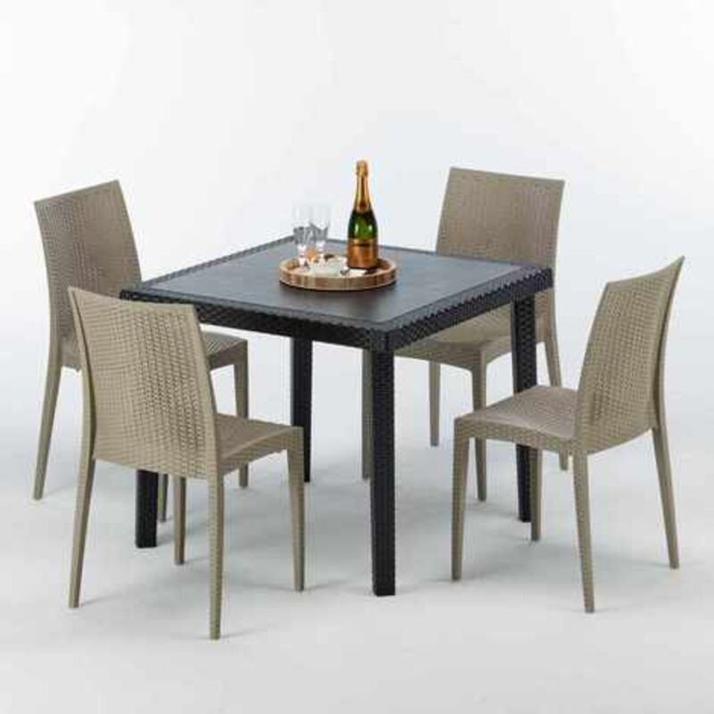 Table Carrée Noire 90x90cm Avec 4 Chaises Colorées Grand Soleil Set Extérieur Bar Café Bistrot Passion - Beige