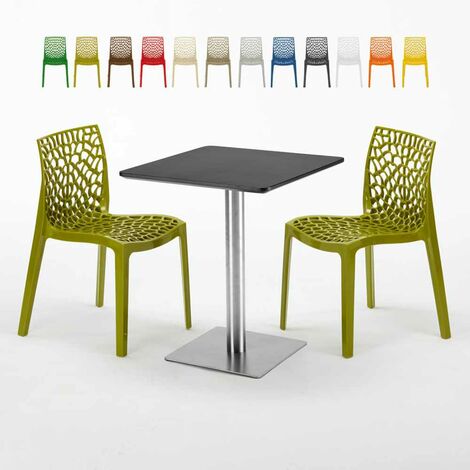 Table carrée 60x60 pied acier et plateau noir avec 2 chaises colorées Gruvyer Pistachio