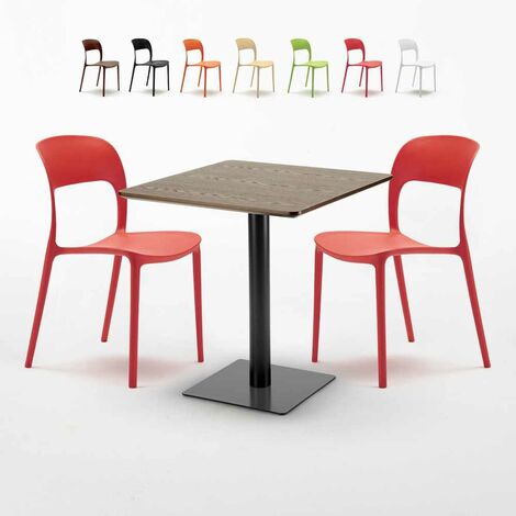 Table carrée 60x60 pied noir et plateau bois avec 2 chaises colorées RESTAURANT KISS