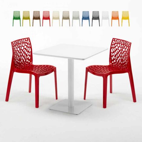 Table carrée 70x70 blanche avec 2 chaises colorées GRUVYER MERINGUE