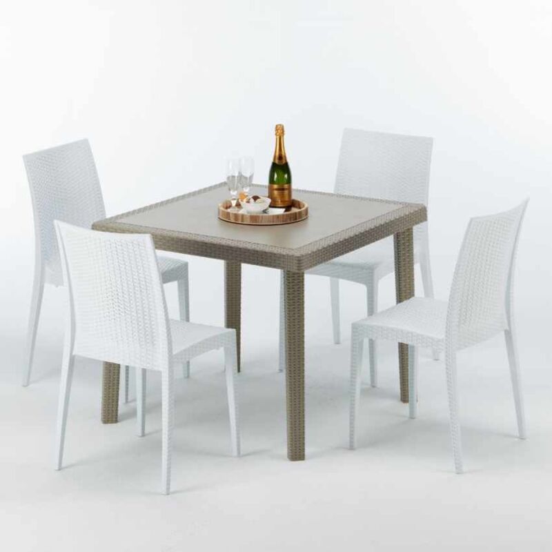 Table carrée beige + 4 chaises colorées Poly rotin synthétique Elegance