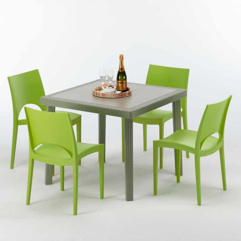 Table carrée beige + 4 chaises colorées Poly rotin synthétique Elegance