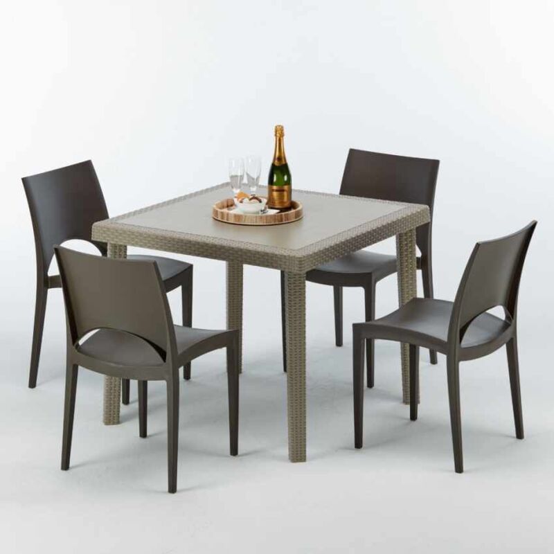 Table carrée beige + 4 chaises colorées Poly rotin synthétique Elegance