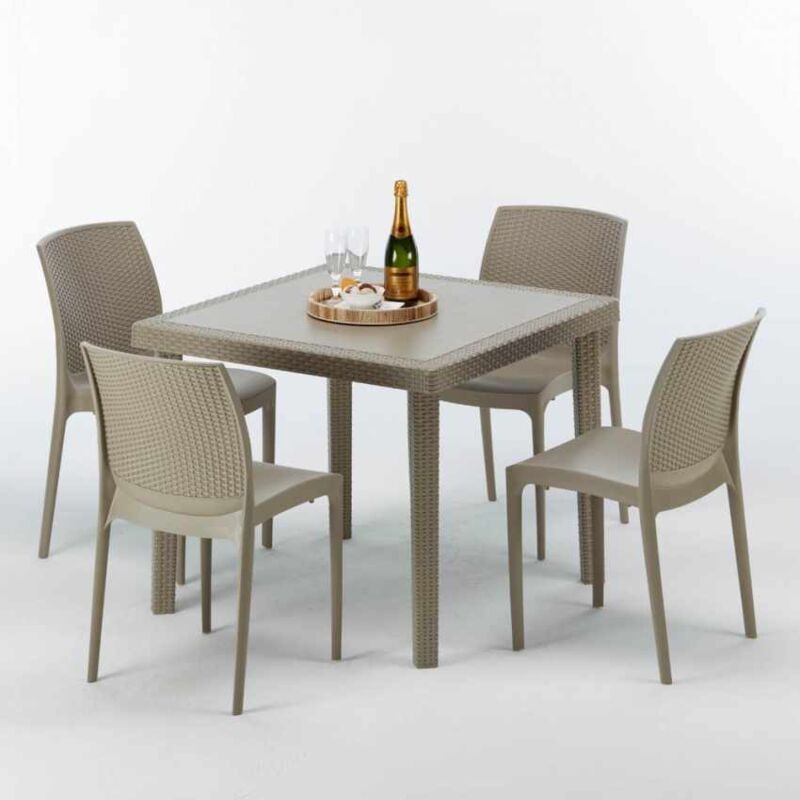 Table carrée beige + 4 chaises colorées Poly rotin synthétique Elegance