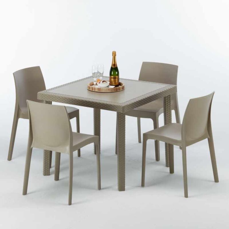 Table carrée beige + 4 chaises colorées Poly rotin synthétique Elegance