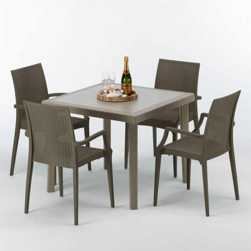 Grand Soleil – Ensemble table carrée beige 90x90cm avec 4 chaises colorées en poly rotin – Résistant aux intempéries – Empilables pour rangement