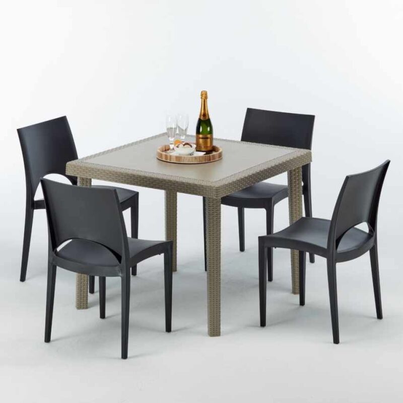 Table carrée beige + 4 chaises colorées Poly rotin synthétique Elegance