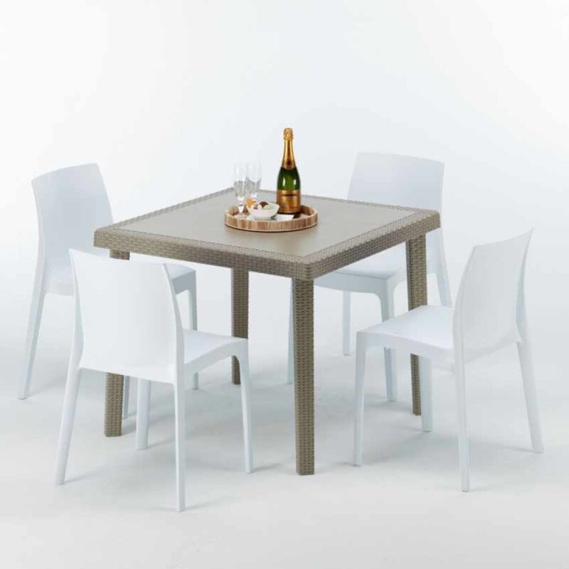 Table carrée beige + 4 chaises colorées Poly rotin synthétique Elegance