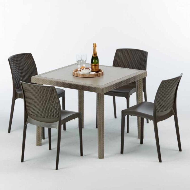 Table carrée beige + 4 chaises colorées Poly rotin synthétique Elegance