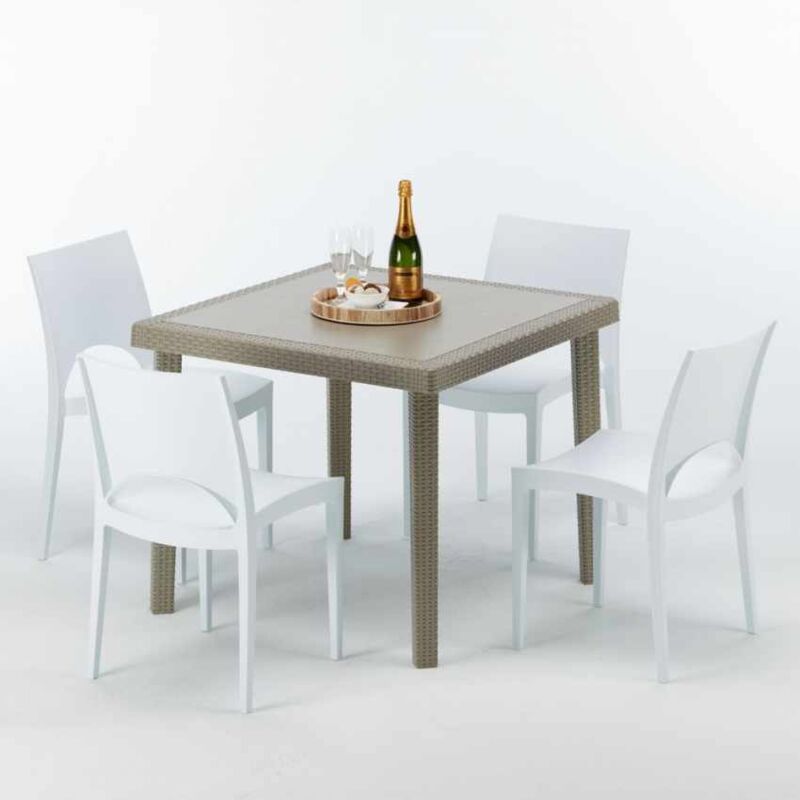Table carrée beige + 4 chaises colorées Poly rotin synthétique Elegance