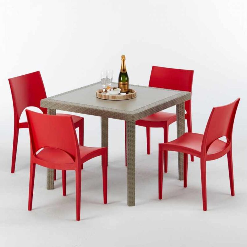 Table carrée beige + 4 chaises colorées Poly rotin synthétique Elegance