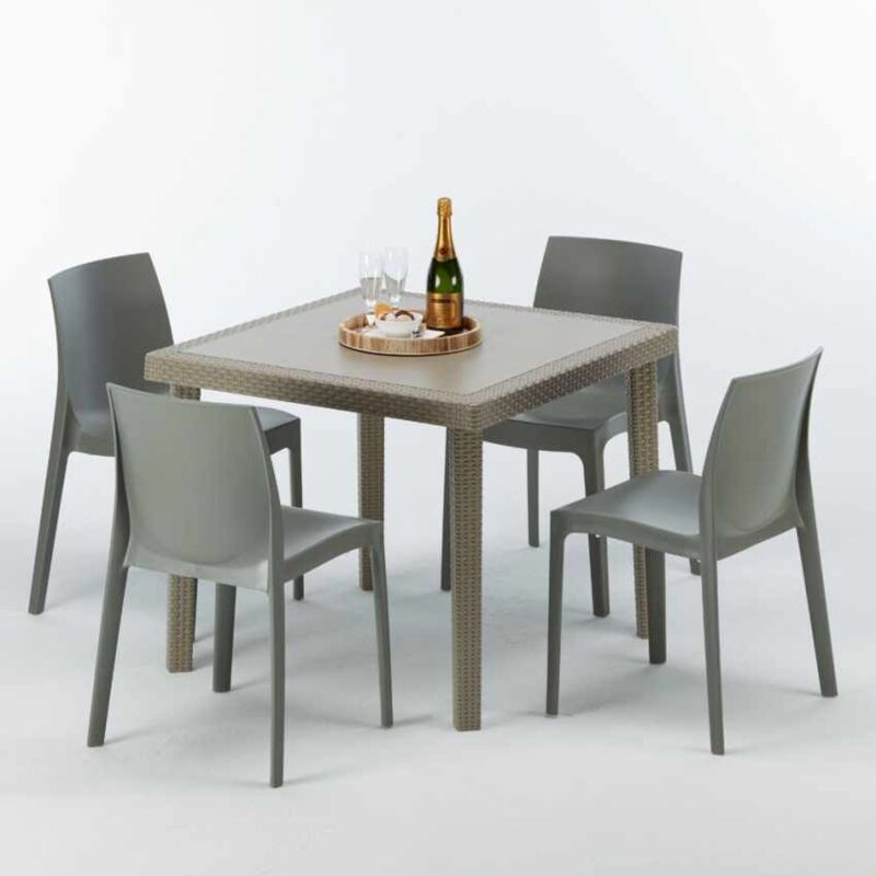 Table carrée beige + 4 chaises colorées Poly rotin synthétique Elegance