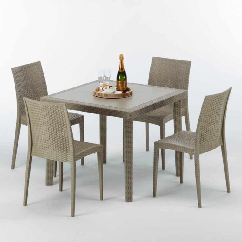 Table carrée beige + 4 chaises colorées Poly rotin synthétique Elegance